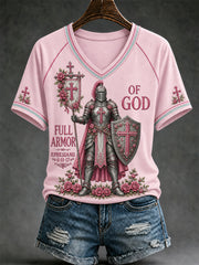 Women's Christian Full Armor Of God Print Casual V-Neck Tee