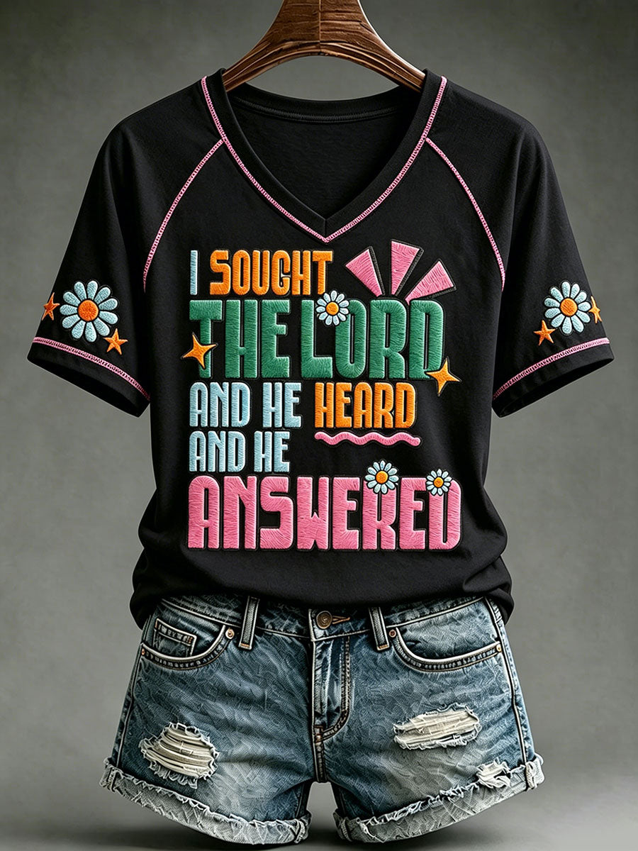 Women's "I sought the lord and he heard and he answered" V-neck T-shirts