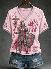 Women's Christian Full Armor Of God Print Casual V-Neck Tee
