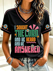 Women's "I sought the lord and he heard and he answered" V-neck T-shirts