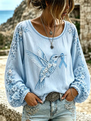 Women's Purple Floral & Hummingbird Print Alzheimer's Awareness Support Long-Sleeves Top