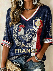 Women's France Football Rooster Floral Art Flag Glitter Print Mid-length Sleeves V-Neck T-Shirt