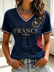 Women's France Football Printed V-neck T-shirt