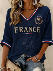 Women's France Football Printed Mid-length Sleeves V-neck T-shirt
