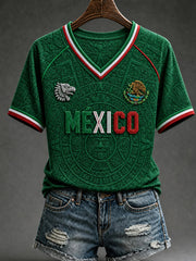 Women's Mexico Football Lover Art V-neck Off-shoulder Short Sleeve T-shirt