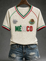 Women's Mexico Football Lover Art V-neck Off-shoulder Short Sleeve T-shirt