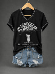 Women's Christian He Left The 99 To Find Me Print Casual V-Neck Tee