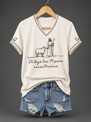 Women's Christian He Left The 99 To Find Me Print Casual V-Neck Tee