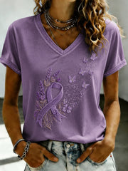 Women's Purple Flora Art Printed V-neck T-shirt