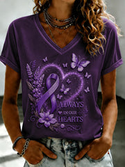 Women's Purple Flora Art Printed V-neck T-shirt