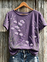Women's Purple Plant Flower Pattern Printed Casual Short-Sleeved T-shirt
