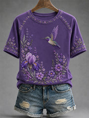 Women's Purple Floral & Hummingbird Print Alzheimer's Awareness Support Tee