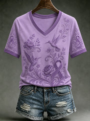 Women's Alzheimer's Awareness Dementia Support Purple Ribbon Purple Floral & Hummingbird Art Tee
