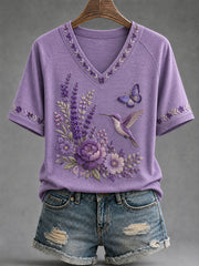 Women's Purple Floral & Hummingbird Print Alzheimer's Awareness Support V-Neck Tee