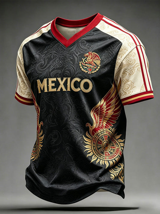 Men's Mexico Football Lover Printed V-neck T-shirt