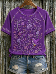 Women's Purple Floral & Hummingbird Print Alzheimer's Awareness Support Tee