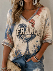Women's France Lover Mid-length Sleeves V-Neck T-Shirt