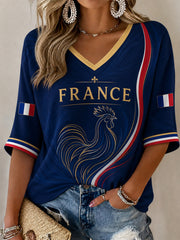 Women's France Print Casual Half-Sleeve V-Neck T-Shirt