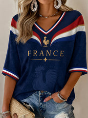 Women's France Print Casual Half-Sleeve V-Neck T-Shirt
