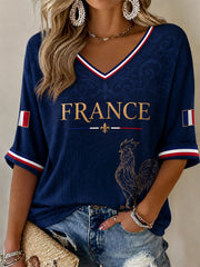 Women's France Print Casual Half-Sleeve V-Neck T-Shirt