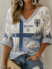 Women's Finland Lover Mid-length Sleeves V-Neck T-Shirt