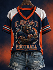 Women's Football Gameday Bear Print Gift For Football Fans Casual V-Neck Tee