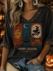 Women's Spooky Season Halloween Pattern Print Mid-length Sleeves V-Neck T-Shirt