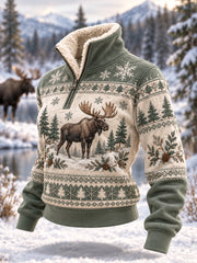 Women's Winter Moose Print Casual Plush Zipper Pullover