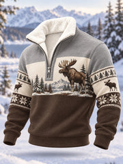 Men's Winter Moose Print Casual Plush Zipper Pullover