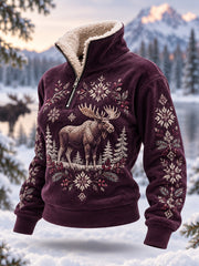 Women's Winter Moose Print Casual Plush Zipper Pullover
