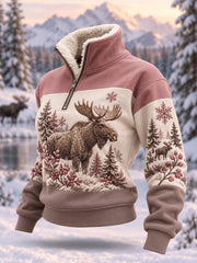 Women's Winter Moose Print Casual Plush Zipper Pullover