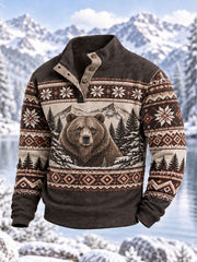 Men's Nordic Fair Lsle-Style Bear Print Four-Button Hoodie