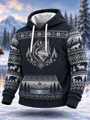 Men's Nordic Fair Lsle-Style Wolf Print Oversized Drop-Shoulder Hoodie with Pockets