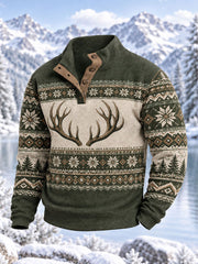 Men's Nordic Fair Lsle-Style Antlers Print Four-Button Hoodie