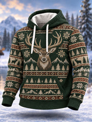 Men's Nordic Fair Lsle-Style Deer Print Oversized Drop-Shoulder Hoodie with Pockets