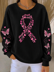 Women's Pink Breast Cancer Awareness Printed Ribbed Round-Neck Sweatshirt