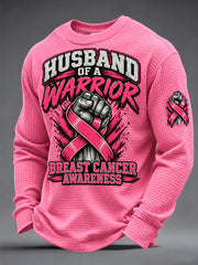 Men's Husband of a Warrior Cancer Print Waffle Long Sleeve Top