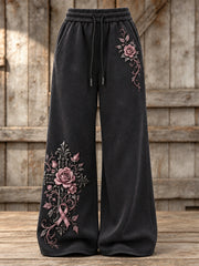 Women's Vintage Gothic Cross & Pink Ribbon Roses Floral Print Wide Leg Sweatpants