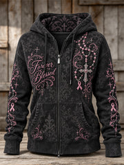 Women's Forever Blessed Cross Beaded Pendant & Pink Ribbon Gothic Print Full Zip Hoodie