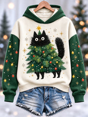 Women's Funny Cute Black Cat Christmas Tree Print Casual Hoodie
