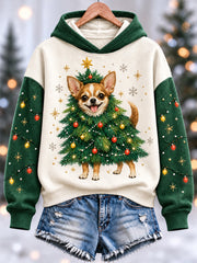 Women's Funny Cute Chihuahua Christmas Tree Print Casual Hoodie
