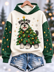Women's Funny Cute Schnauzer Christmas Tree Print Casual Hoodie