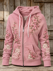 Women's Pink Rose and Pink Charity Ribbon Pattern Casual Zip-Up Hoodie