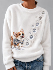 Women's Winter Snowy Corgi Pattern Casual Flannel Sweatshirt