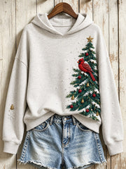 Women's Snowy Winter Christmas Tree & Red Cardinal Print Hoodie