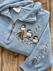 Women's Poecile Atricapillus And Floral Pattern Casual Half-Zip Sweatshirt