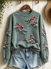 Women's Snowy Winter European Goldfinch Birds on Branches Print Sweatshirt