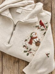 Women's Snowy Winter Snowman & Red Cardinal Print Zip Up Sweatshirt