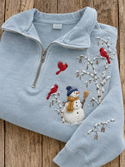 Women's Snowy Winter Snowman & Red Cardinals Print Zip Up Sweatshirt