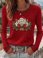 Women's Christmas Mahjong Print Casual Waffle T-shirt